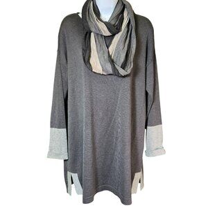 Eileen Fisher XS Gray Tunic Sweater w Matching Scarf Colorblock Sleeves Tencel